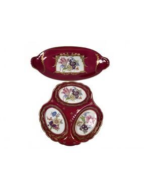 Limoges France Ruby Gilt Floral Porcelain Trefoil Dish & Oval Tray Serving Set